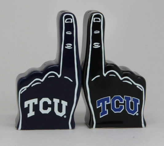 COLLEGIATE LICENSING SALT AND PEPPER SHAKER -TCU FOAM FINGER