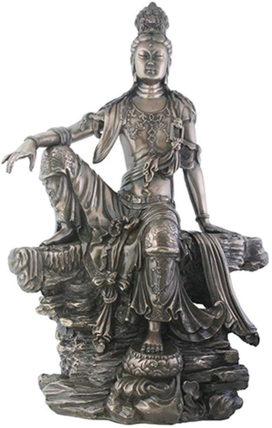 14 Inch Bronze Colored Water and Moon Kuan Yin Sitting on Rocks