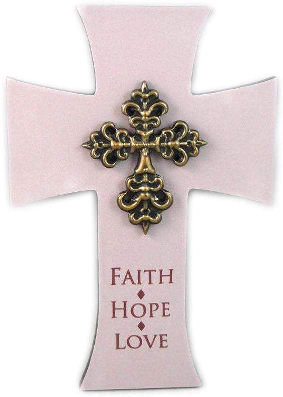 Faith Love Hope Cross Wall Plaque with Easel Polyresin Handpainted