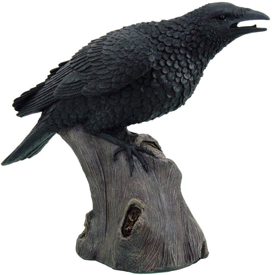 Large 14" Tall Black Raven Crow Bird on Tree Stump Statue Figurine Stalking Dying Prey