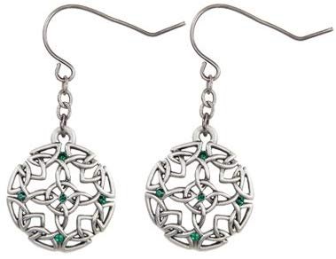 Celtic Round with Green Crystal Pewter Earrings Jewelry- Mystica Collection