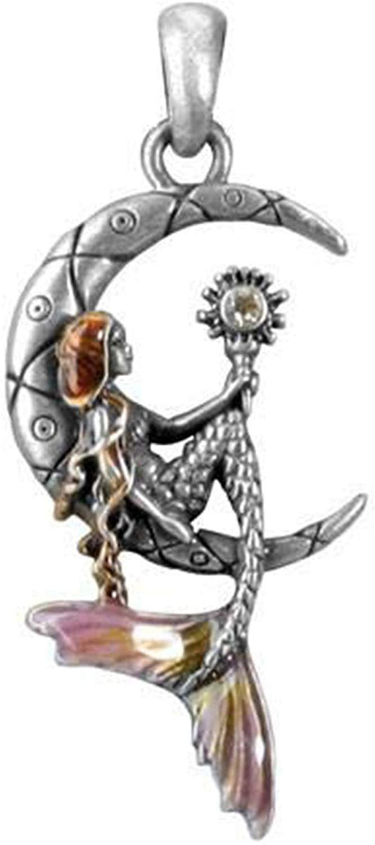 YTC Summit Pewter Mermaid Luna Sitting on Moon Pendant with Enameled Highlights