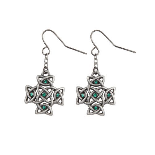 Celtic Cross with Green Crystal Pewter Earrings Jewelry- Mystica Collection