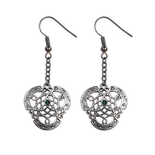 Celtic Knotwork with Green Crystal Pewter Earrings Jewelry- Mystica Collection