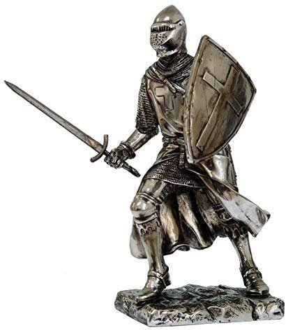 Crusader Knight Statue Silver Finishing Cold Cast Resin Statue 7" (8714)