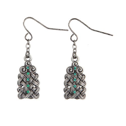 Celtic Knotwork with Green Crystal Pewter Earrings Jewelry- Mystica Collection