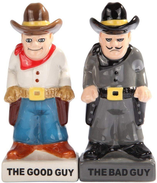 Attractives Magnetic Ceramic Salt Pepper Shakers Bad Guy Good Guy Cowboys Wanted Criminals