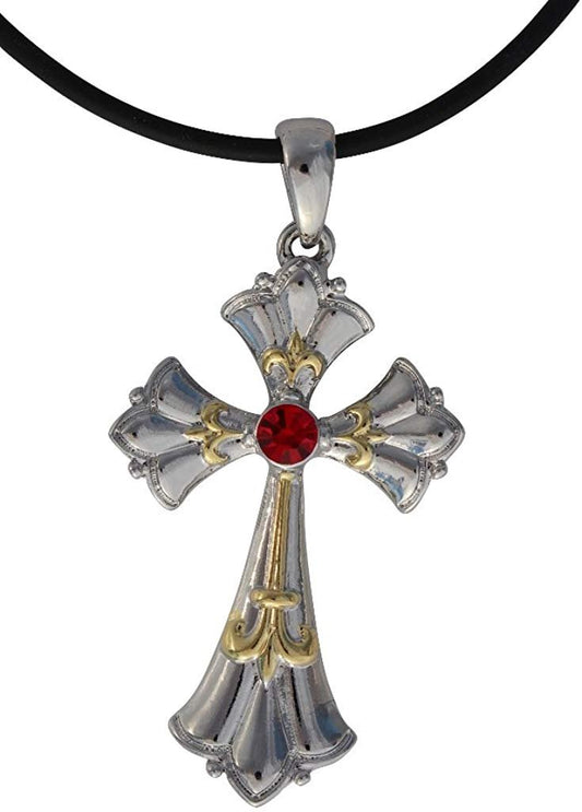 Masada Jewelry, Cross with Red Studded Gemstone Metal Pendant Rope Necklace