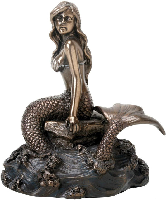 YTC Summit International Bronze Colored Ocean Mermaid on Rock with Tail in Water Figurine