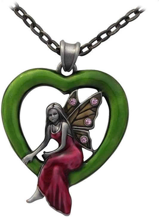 Masada Jewelry, Green Enamel Heart Fairy with 4 Lavender Gems, Pendant, on 24 Inch Chain Necklace