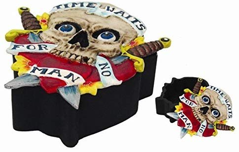 PTC Pacific Giftware Time Waits for No Man Tattoo Pattern Stash Candy Jewelry Trinket Offering Box Statue Figurine, 5.75" L