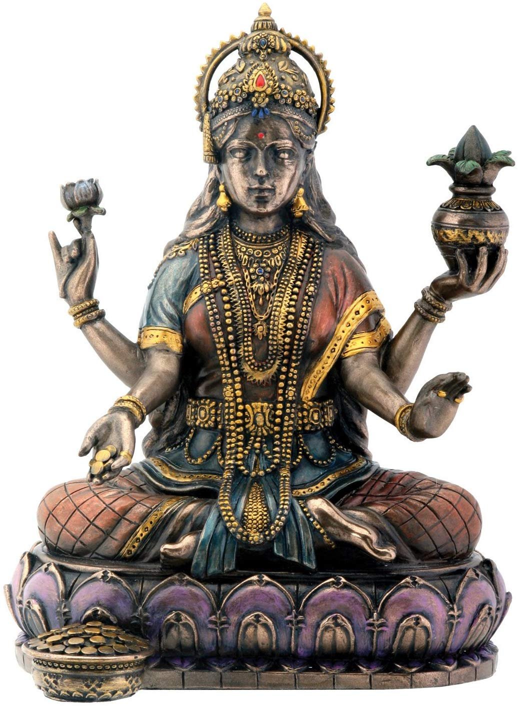 Bronze Hindu Goddess Lakshmi On Lotus Hinduism Display Statue