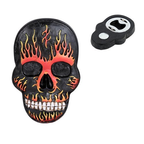 Flamed Hell Skull Magnet Bottle Opener Figurine Made of Polyresin