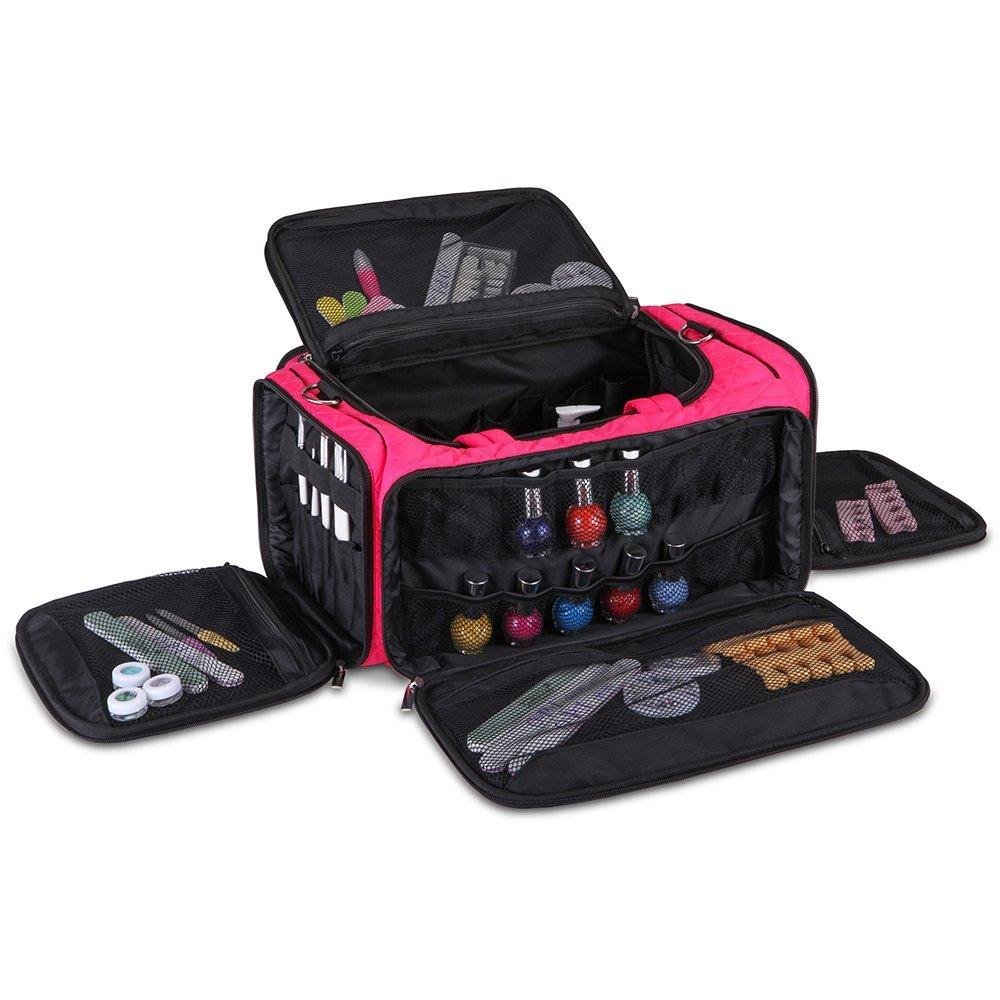 KIOTA Pro Nail Artist Storage Bag, Manicure Storage Bag, Soft Sided Beauty Organizer Cosmetic Bag with Pockets, Shoulder Strap, Pink