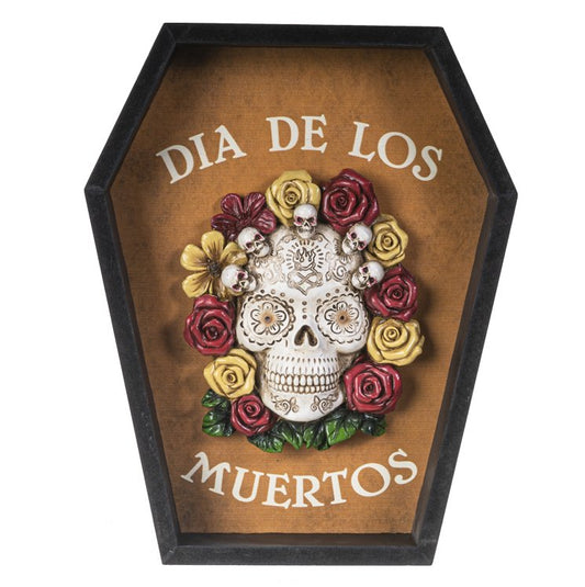 Dia de Los Muertos Sugar Skull Crown Flower Arrangement Coffin Plaque 6.75” Tall