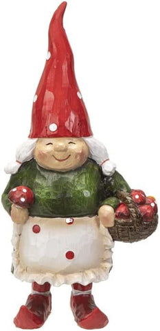 White Polka Dots Hat Santa Granny Gnome with Mushroom Basket Wood Like Resin Figurine