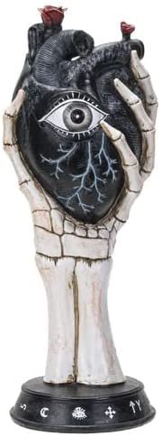 Pacific Giftware Black Rose Bud Heart with Eye Design Held by Skeleton Hand Palmistry Figurine 13” Tall