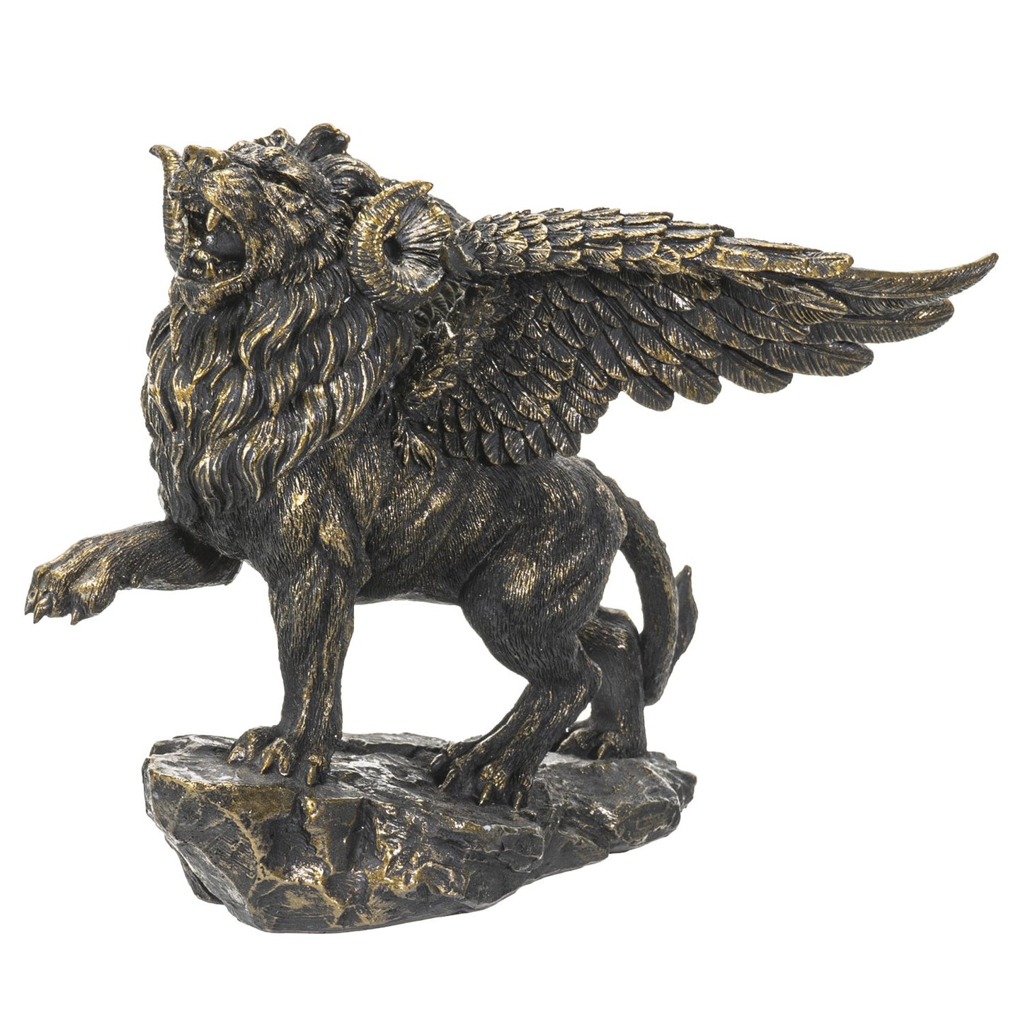 Botega Exclusive Mythical Chimera Horned Lion with Wings Resin Hand Painted Faux Stone Metallic Highlights Statue 6.5”T