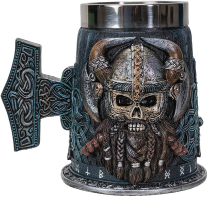 Summit Collection Danegeld Viking Horned Warrior With Battle Helmet Beer Stein Tankard Mug with Removable Stainless Steel Insert 20 fl oz