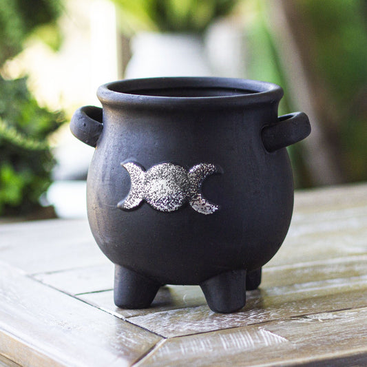 Triple Moon Cauldron Terracotta Planter Pot Figurine