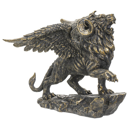 Botega Exclusive Mythical Chimera Horned Lion with Wings Resin Hand Painted Faux Stone Metallic Highlights Statue 6.5”T