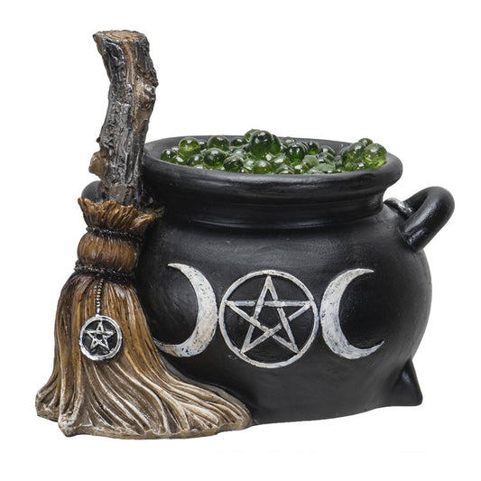 Botega Exclusive Triple Moon Green Cauldron with Broom LED Home Decor Accent 4.5” Tall