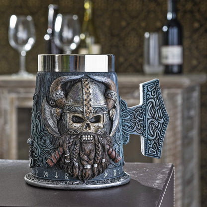 Summit Collection Danegeld Viking Horned Warrior With Battle Helmet Beer Stein Tankard Mug with Removable Stainless Steel Insert 20 fl oz