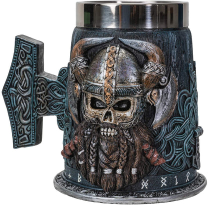 Summit Collection Danegeld Viking Horned Warrior With Battle Helmet Beer Stein Tankard Mug with Removable Stainless Steel Insert 20 fl oz