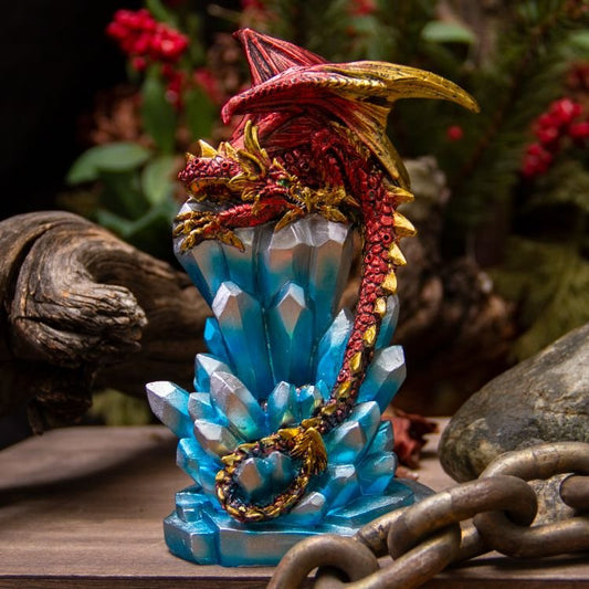 Fantasy Guarding Red Dragon on Crystal Gemstone Rock Figurine Statue Home Decor Collectible