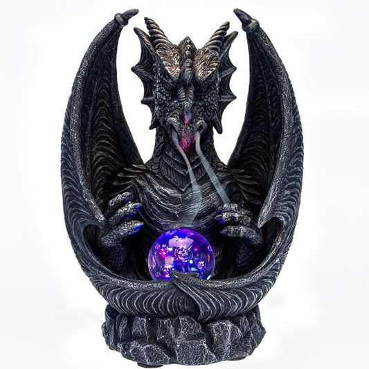 BOTEGA EXCLUSIVE Guardian Dragon LED Lighted Stonewall Mountain Faux Stone Backflow Incense Burner Fantasy Dragon Breath Reverse Flow Smoke Waterfall Incense Collectible