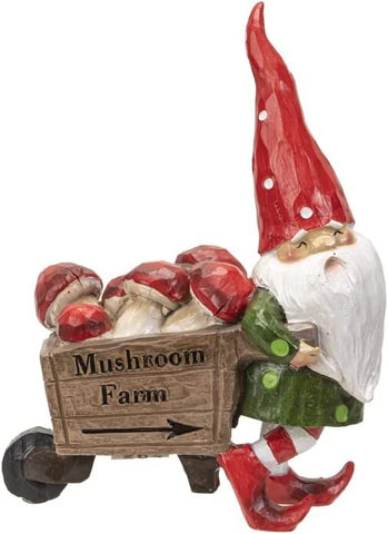 White Polka Dots Hat Santa Gnome Pulling Mushroom Wheelbarrow Wood Like Resin Figurine