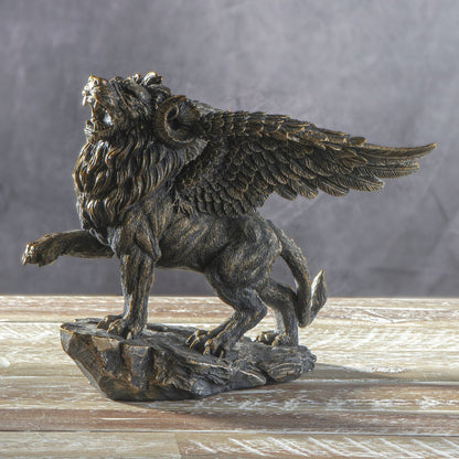 Botega Exclusive Mythical Chimera Horned Lion with Wings Resin Hand Painted Faux Stone Metallic Highlights Statue 6.5”T