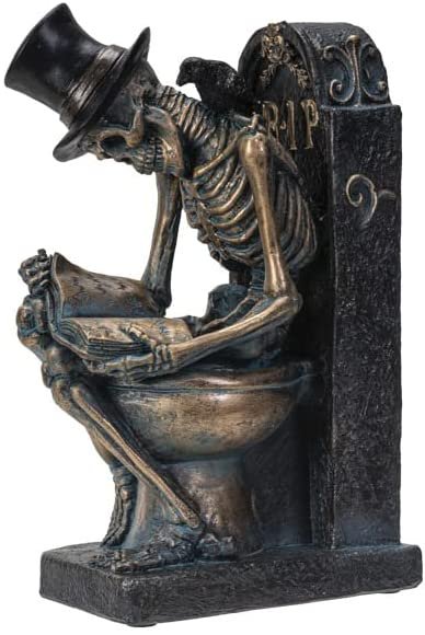 Botega Exclusive RIP Bronze Finish Skeleton Reading on Toilet Tombstone Bathroom Office Decor 8” Tall