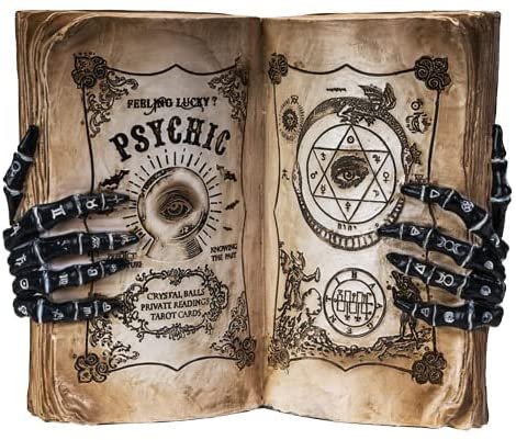 Botega Exclusive Feeling Lucky Psychic Book with Skeleton Palmistry Hands Gothic Statue Figurine 8.39” Tall