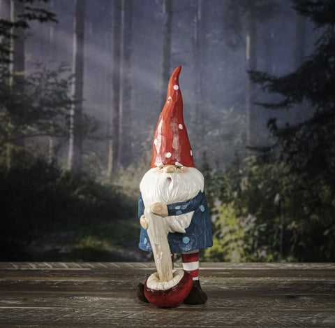 White Polka Dots Hat Santa Gnome with Mushroom Wood Like Resin Figurine