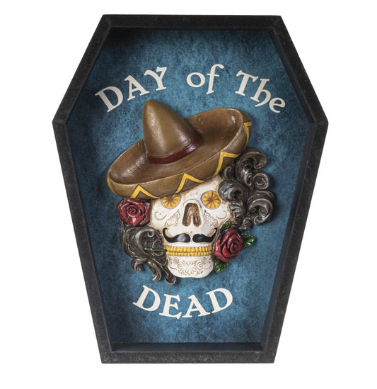 Dia de Los Muertos Sombrero Rose Skull Coffin Plaque 10” Tall