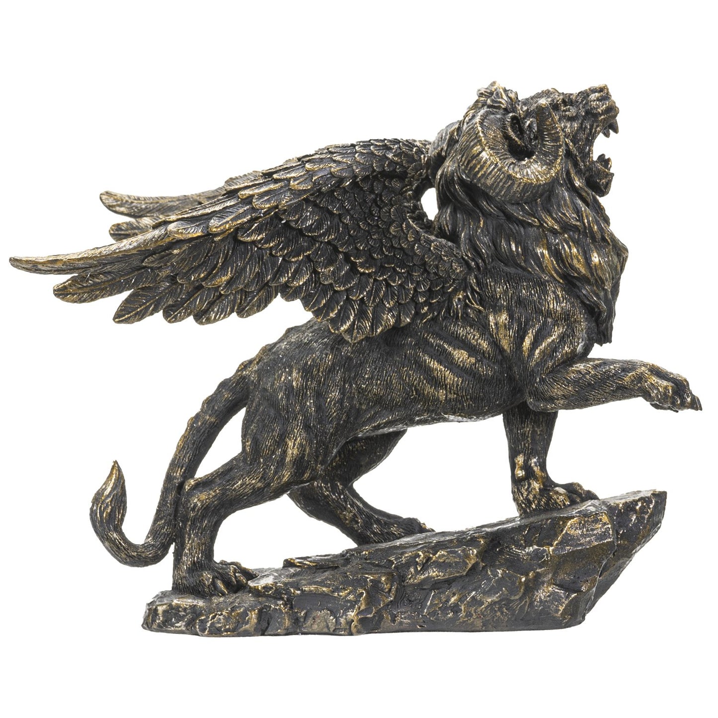 Botega Exclusive Mythical Chimera Horned Lion with Wings Resin Hand Painted Faux Stone Metallic Highlights Statue 6.5”T