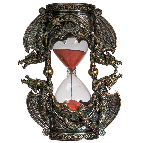 Gothic Fantasy Double Twin Dragons Sandtimer Red Sand Hourglass Sculptural Decor 7.4 inches Tall